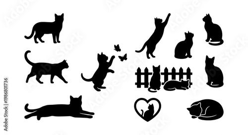 Black cat silhouettes collection, set of 12 feline vector icons, domestic cat poses including jumping and sitting, pet animal shadow graphics