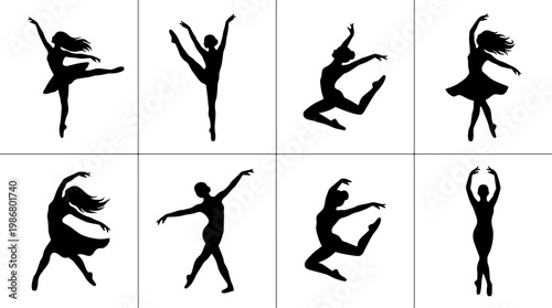 Graceful ballet dancer silhouettes set, 8 elegant ballerina vector icons. Black female dance figures in motion, performing classical ballet poses and jumps