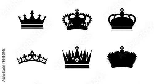Royal crown silhouette collection, set of 6 black monarch headwear icons, vintage heraldic tiara and king coronet symbols for luxury branding