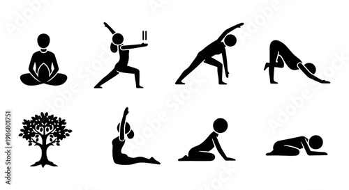 Foto Yoga pose silhouette icons set, black stick figure people practicing pilates and