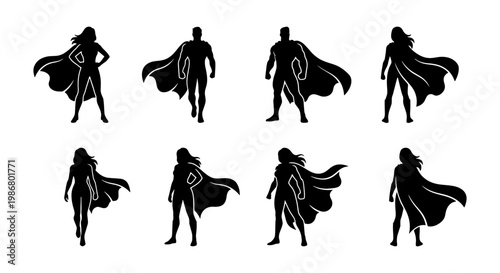 Superhero silhouette collection with 8 male and female characters, heroic figures with flowing capes, black vector icons of brave champions