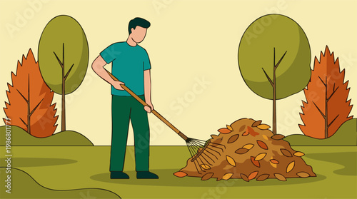 Illustration of a man raking fallen autumn leaves into a pile in a garden