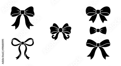 Black ribbon bow silhouettes, set of 6 decorative gift bow vector icons, elegant satin bow tie illustrations for wedding invitations and packaging
