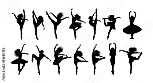 Graceful ballet dancer silhouettes set, 14 elegant ballerina poses in black vector icons, feminine dance performance and rhythmic gymnastics elements