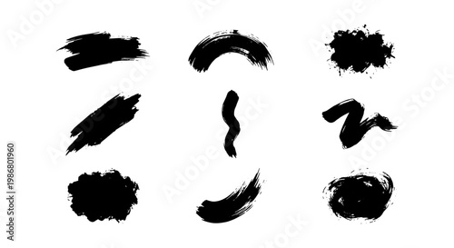 Grunge black ink brush strokes set, hand drawn paint splatter and smear collection, textured charcoal vector elements for artistic graphic design