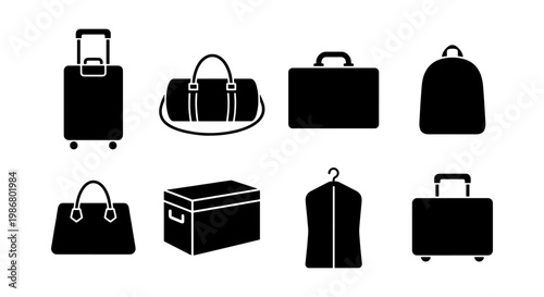 Black luggage icons set, travel bag and suitcase vector collection, 8 baggage elements for vacation and business trip planning