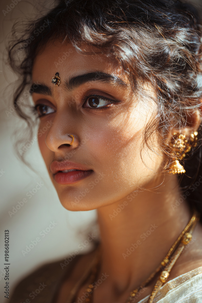 Fototapeta premium Minimal close-up portrait of hindu woman with bindi and delicate gold jewelry looking slightly to the side, soft natural light and creamy bokeh background with natural light