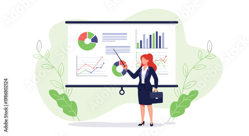 Professional businesswoman in a suit gives a presentation using a pointer and a whiteboard filled with colorful charts and graphs.