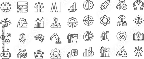 Innovation web icons. Creativity, Finding solution, Brainstorming, technology, teamwork, Inspiration, Creative thinking, Brain. Editable stroke. Vector