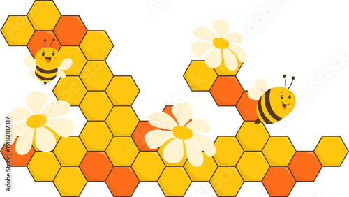 Cute Cartoon Bees and Honeycomb