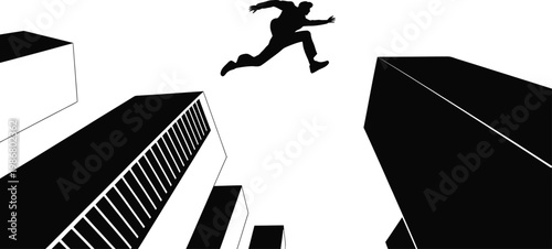 Parkour athlete jumping between city skyscrapers, silhouette of man leaping over urban buildings, extreme sports and freedom concept vector