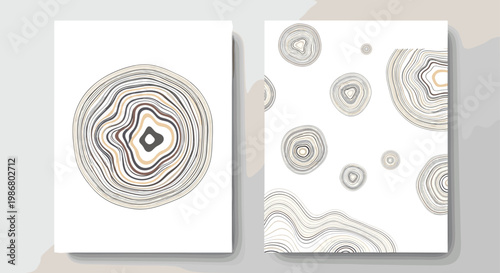 Abstract art posters displaying stylized tree rings and mineral cross sections in neutral earth tones for modern interior wall decoration.