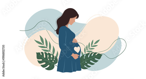 Beautiful silhouette of a pregnant woman wearing a blue dress surrounded by tropical palm leaves with a heart shape on her belly.