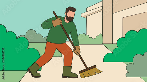 Man sweeping outdoor path with a broom, illustrating home yard work