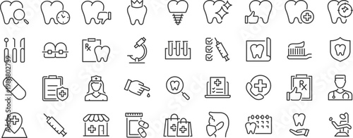 Dentistry web icon set. Dentist, dental, dental treatment, prosthetics, teeth whitening, implant, braces, collection. Editable stroke. Vector