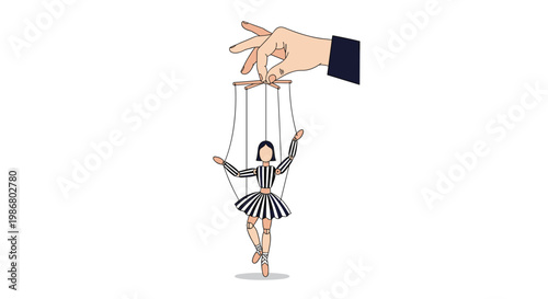 Symbolic illustration of a hand from above controlling a female marionette puppet with strings against a clean white background.