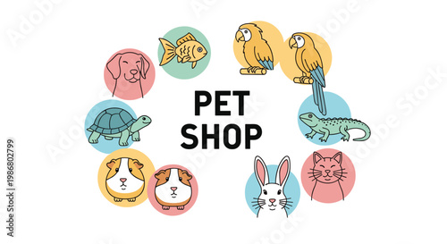 Pet shop logo design surrounded by colorful circular icons of various domestic animals including a dog, cat, bird, and rabbit.