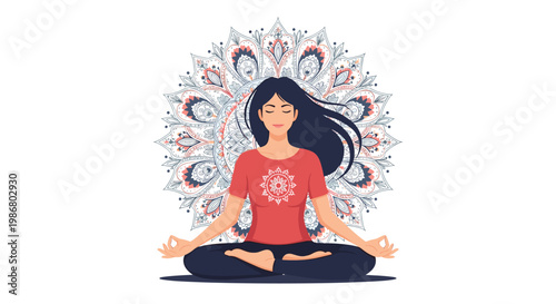 Young woman practicing yoga in a lotus meditation pose with a large decorative mandala symbol in the background.