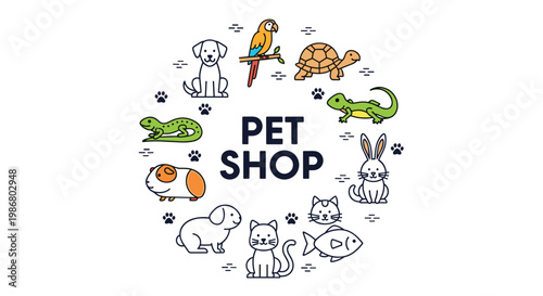 Creative pet shop banner featuring clean line art icons of many domestic animals arranged in a circle around central text.