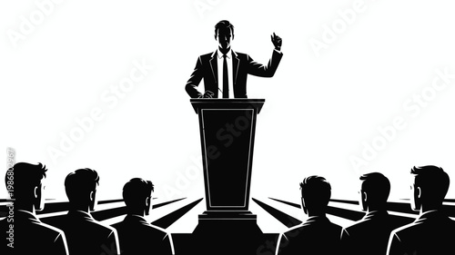 Public speaker silhouette at podium, businessman giving presentation to audience, black and white vector illustration of professional orator