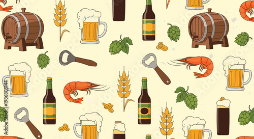 Seamless pattern of beer culture elements including full mugs, bottles, barrels, hops, and grilled shrimp snacks.