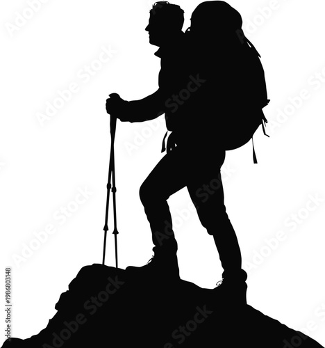 Hiker silhouette with backpack and trekking poles, mountain climber standing on rock peak, outdoor adventure and hiking vector illustration