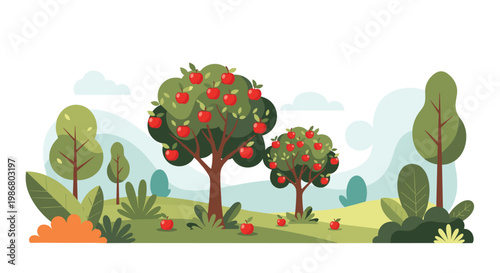 Sunny apple orchard landscape featuring trees full of ripe red apples and a rolling green hill background under a blue sky.