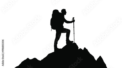 Hiker silhouette standing on mountain peak, adventurous backpacker climbing rocky summit, man with trekking pole on cliff top, outdoor exploration vector