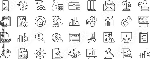 Accounting web icons. Assessment, calculator, check mark, auditing, inspection, investment, calculation, analytics, collection. Editable stroke. Vector