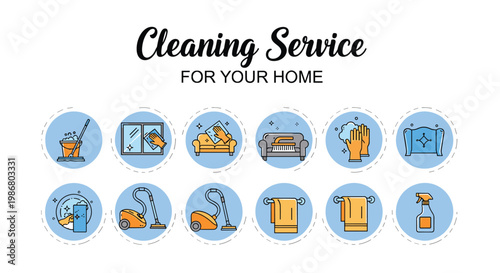 Cleaning service promotional banner with circular icons showing various household chores like vacuuming, mopping, and dusting.