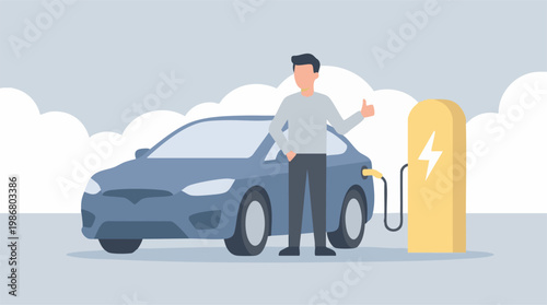 Man giving thumbs up while electric vehicle charges at a public station