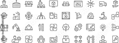 Mass Production web icons. Robot, productive, workflow, industrial, automation, collection. Vector