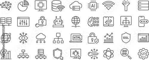 Information Technology web icon set. Network, web design, website, computer, software, progress, programming, data, internet, collection. Editable stroke. Vector