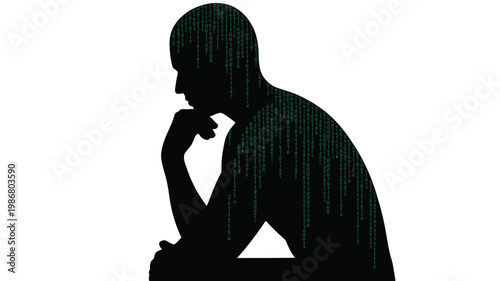 Artificial intelligence silhouette of thinking man, digital matrix code inside human profile, cybernetic mind and machine learning concept vector