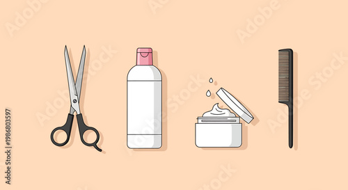 Haircare essentials an artistic arrangement of scissors, shampoo, cream and comb on a light background, exuding simplicity. 