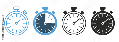Stopwatch multiple style icon set vector, including analog and digital timer icons, time tracking and measurement symbols, clean vector illustration.