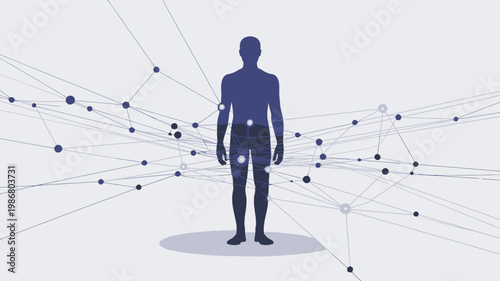 Futuristic human silhouette with digital network lines, blue medical technology concept, abstract data connection background vector