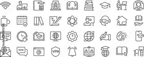 Online Education and E-learning web icon set. E-book, video tutorial, mentor, distance learning, video and audio courses, collection. Editable stroke. Vector