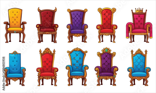 A collection of colorful medieval royal thrones and elegant fantasy chairs with gold trim.