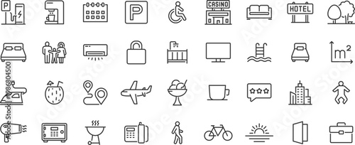 Resort Hotel web icons in line style. Wellness, beach, tourism, hotel, passport, maps, spa, landscape, camera. Icon collection. Vector