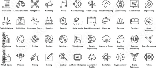 Set of industries icons. Editable Stroke. Technology, finance, healthcare, automotive, energy, retail, construction, hospitality, tourism, education, agriculture. Vector