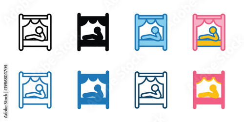 Textiles draped over stalls icons set multiple style collection, editable stroke vector icons, market fabric display and clothing stall symbols