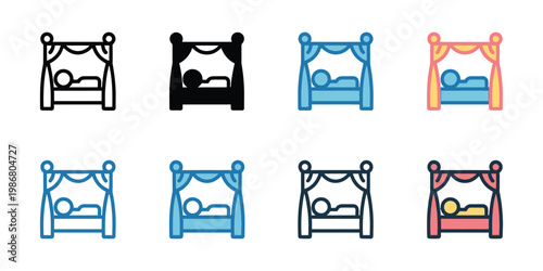Textiles draped over stalls icons set multiple style collection, editable stroke vector icons, market fabric display and clothing stall symbols