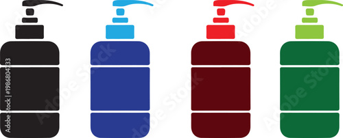 Plastic soap pump bottle icon collection in black blue red and green color version vector.
