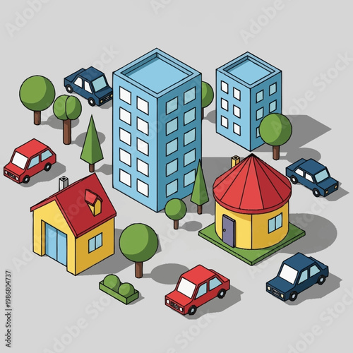 Colorful illustration of city buildings and houses with cars and trees.