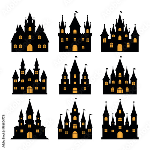 Haunted house castle silhouettes set of ten spooky buildings with glowing yellow windows for Halloween horror themed graphic design and decoration