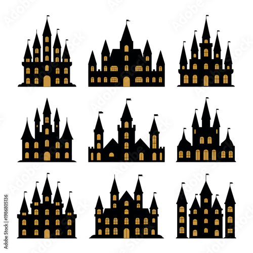 Haunted house castle silhouettes set of ten spooky buildings with glowing yellow windows for Halloween horror themed graphic design and decoration