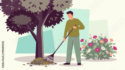 Man raking fallen leaves in a garden with trees and flowering bushes