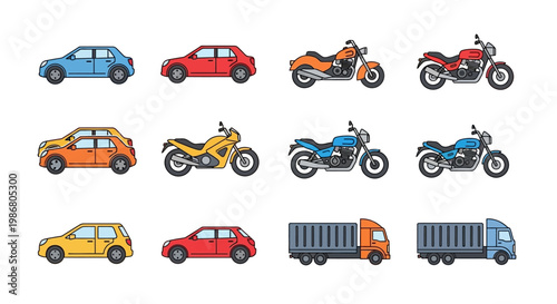 Cars and motorcycles in variety.