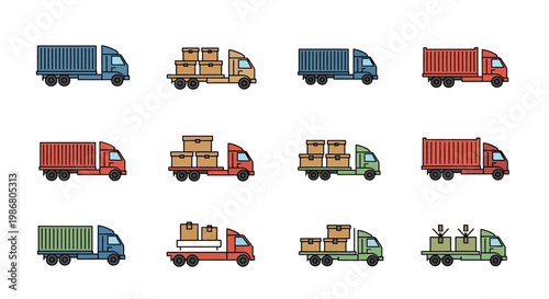 Colorful Trucks with Containers Side View.